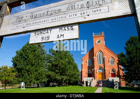 Native clay brick exterior of the St. Ignatius Mission located in St. Ignatius, Montana, USA. Stock Photo