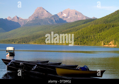 Boating on Lake McDonald, the largest lake in Glacier National Park, Montana, USA. Stock Photo