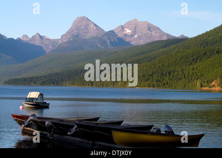 Boating on Lake McDonald, the largest lake in Glacier National Park, Montana, USA. Stock Photo