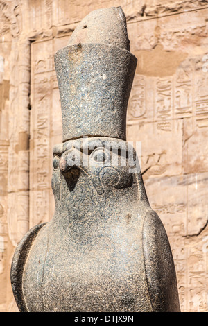 Close-up of the granite statue of the falcon-headed god Horus at the Ancient Egyptian Temple of Horus at Edfu. Stock Photo