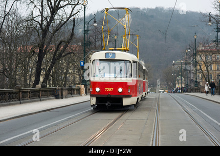 Trams in Prague .The Prague tram network is 135 kilometers and has 25 daytime lines and 9 at night. In combination with the met Stock Photo