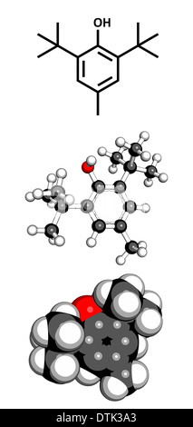 Butylated hydroxytoluene (BHT) food additive molecule. Controversial chemical antioxidant often added to food products. Stock Photo