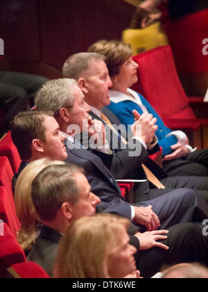 Dallas, TX, USA . 19th Feb, 2014. President George W. Bush sits in front role at the launch of the Military Service Initiative Summit, on 19 Feb. 2014, Along with his wife, Laura Bush, he sits between two vets. Lt. Colonel Justin Constantine, USMC on his right and Staff Sargent Nicolas Bradley, USAF. Credit:  J. G. Domke/Alamy Live News Stock Photo