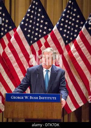 Former President George W. Bush speaks at his Presidential Library on the campus of SMU in Dallas, Texas. Stock Photo