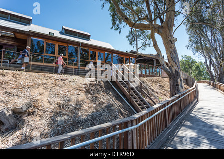 Tourist boardwalk at the Historic Port of Echuca precinct on the Murray River, Victoria, Australia Stock Photo