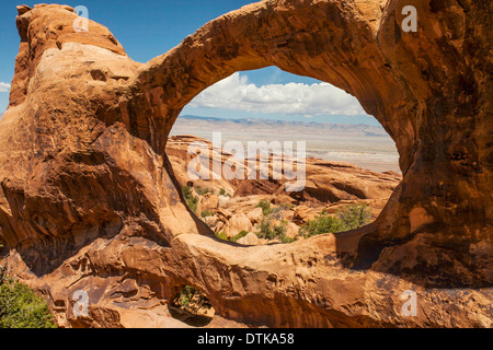 Double O Arch at the end of the the Devils Garden Trail in Arches National Park, Utah. Stock Photo