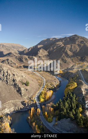 State Highway Six and Victoria Bridge, Gibbston Valley, Otago, South Island, New Zealand - aerial Stock Photo