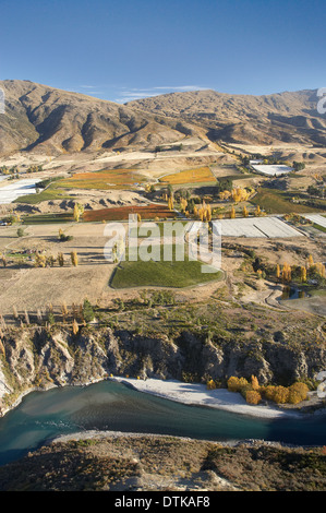 Kawarau River and Vineyards, Gibbston Valley, Otago, South Island, New Zealand - aerial Stock Photo