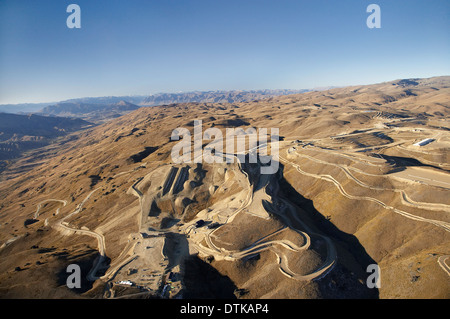 The Snow Farm (Snow Park and Vehicle Testing), near Wanaka, Otago, South Island, New Zealand - aerial Stock Photo