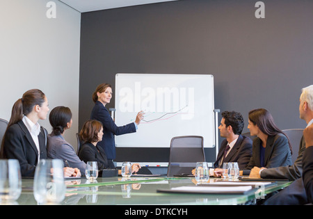 Businesswoman drawing graph for colleagues in meeting Stock Photo