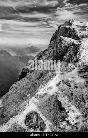 Winter scenery on Snowdon black and white Stock Photo