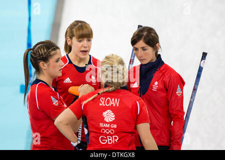 Sochi, Krasnodar Krai, Russia. 20th Feb, 2014. Tactical discussions for Team GB (l-r: Vicki ADAMS, Claire HAMILTON, vice-skip Anna SLOAN, skip Eve MUIRHEAD) - during the Bronze medal match of the Women's Curling competition between Great Britain and Switzerland from the Ice Cube Curling Centre, Coastal Cluster - XXII Olympic Winter Games Credit:  Action Plus Sports/Alamy Live News Stock Photo