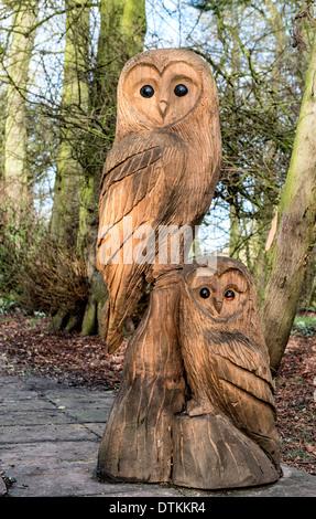 Owl wood sculptures at Burton Agnes Hall, near Driffield Stock Photo