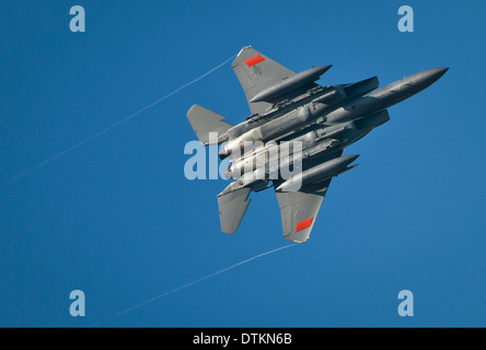 A US Air Force F-15 Eagle fighter aircraft from the 40th Flight Test Squadron soars over after a training sortie at Eglin Air Force Base October 24, 2013 in Valparaiso, Florida. Stock Photo