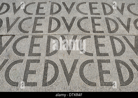 Rome. Italy. Mosaic paving with the words DUCE after Mussolini in the fascist era Foro Italico sports complex. Stock Photo