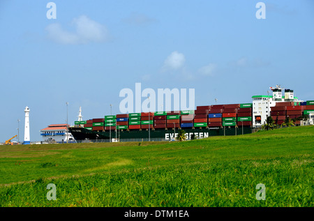 Ever Refine containers ship leaving Panama canal, Gatun locks, Colon, Panama Stock Photo