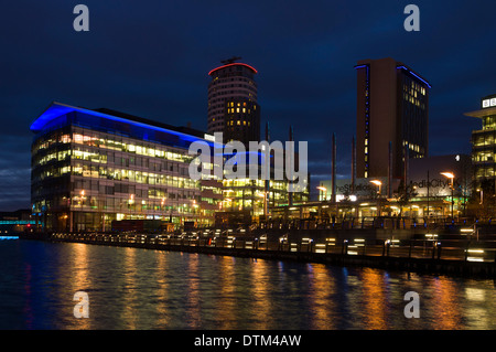 The MediaCityUK complex at night, Salford Quays, Manchester, UK. Stock Photo