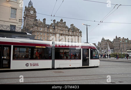 Edinburgh, Scotland, UK. 20th Feb 2014. Edinburgh Trams returned to Princes at 15.30 this afternoon after 57 years. But testing is now set to be more regular both day and night ahead of going live in May.  So far, apart from one previous testing day the trams have been running through the city centre at night.  This series of testing is aimed at helping pedestrians and drivers get used to the vehicles. Stock Photo