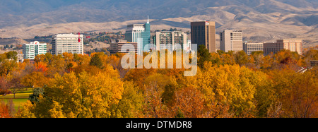 City of the Boise Skyline during the fall with Ann Morrison Park in the foreground and Mountains beyond, Boise, Idaho USA Stock Photo