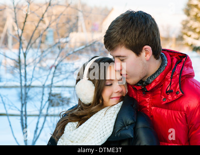 Happy smiling couple in love. Over white background Stock Photo