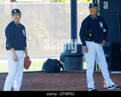 Tampa, Florida, USA. 16th Feb, 2014. Masahiro Tanaka, Hiroki Kuroda (Yankees) MLB : Pitcher Hiroki Kuroda (R) and Masahiro Tanaka of the New York Yankees during team's spring training baseball camp at George M. Steinbrenner Field in Tampa, Florida, United States . © Thomas Anderson/AFLO/Alamy Live News Stock Photo