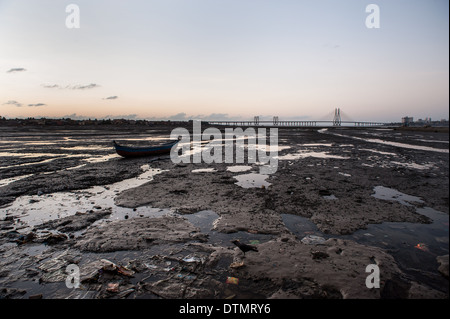 Low tide view of the Bandra Worli Sea Link bridge from the Worli Mahim side. A testament to India's technological development. Stock Photo