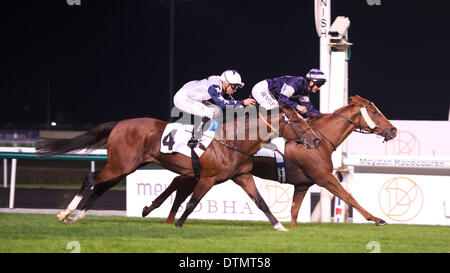 Meydan Racecourse, Dubai, UAE. 20th Feb 2014. Harry Bentley wins Race 3 during the 7th meeting of the Dubai World Cup Carnival At Meydan Racecourse Credit:  Tom Morgan/Alamy Live News Stock Photo