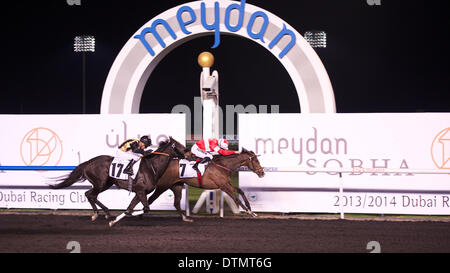 Meydan Racecourse, Dubai, UAE. 20th Feb 2014. Fergal Lynch riding Elleval to victory in Race 5 of the 7th Meeting of the Dubai World Cup Carnival at Meydan Racecourse Credit:  Tom Morgan/Alamy Live News Stock Photo