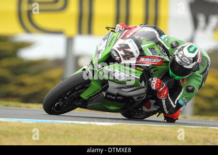 Phillip Island Grand Prix Circuit, Australia. Friday, 21 February, 2014. Spainish rider David Salom aboard his Kawasaki Zx-10R superbike during the second practice session of the Australian round of the 2014 FIM World Superbike Championship. Salom posted a best lap time of 1'32.944 placing him 14th overall in the practice session. Credit:  Russell Hunter/Alamy Live News Stock Photo