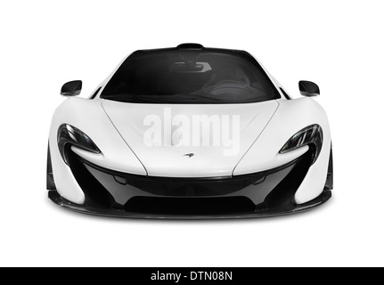 White 2014 McLaren P1 plug-in hybrid supercar front view isolated sports car on white background