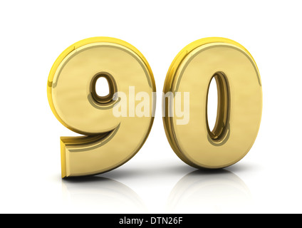 3d number ninety in gold on white background Stock Photo