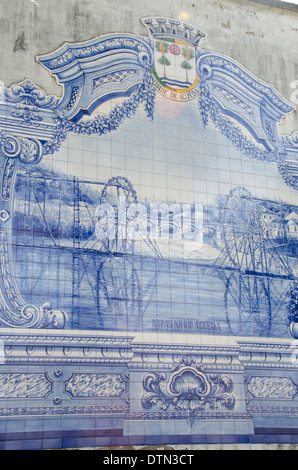 Brazil, Rio Grande. Blue and white Portuguese tile mural, monument to their sister city in Portugal, Agueda. Stock Photo