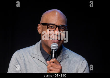 Frankfurt, Germany. 21st February 2014. American actor Michael Dorn speaks at a press conference in Frankfurt/Main, Germany, 21 February 2014. Thousands of fans of the series are expected to meet at the event 'Destination Star Trek'. Photo: FRANK RUMPENHORST/dpa/Alamy Live News Stock Photo