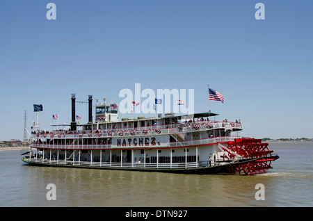 Louisiana, New Orleans. Typical sightseeing paddlewheel boat, the Natchez, on the Mississippi River Stock Photo