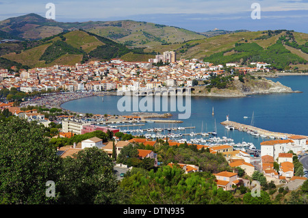 Aerial view of Banyuls-sur-Mer, coastal town in the south of France, Mediterranean sea, Roussillon, Pyrenees Orientales Stock Photo