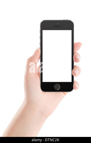Female hand holding modern black mobile smart phone with blank screen isolated on white background. High quality. Stock Photo