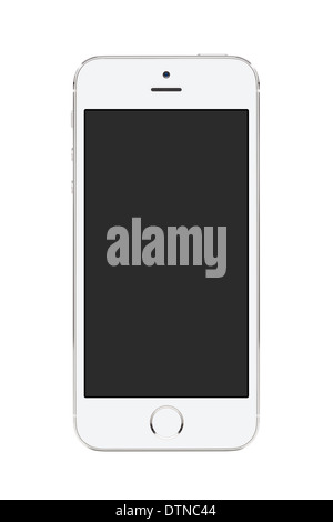 Directly front view of a modern white mobile smart phone with blank screen isolated on white background. High quality. Stock Photo