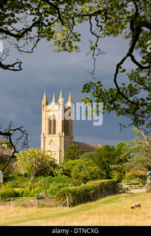 Rural field with views to St Michaels Church in the Cotswolds village of Broadway, Worcestershire, England. Stock Photo