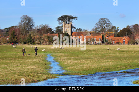 English Rural Hamlet of Hambleden in the Chiltern Hills with grazing Sheep and Dog Walkers Stock Photo