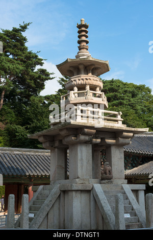 The stone pagoda Dabotap, also known as pagoda of many treasures, is located in the temple of Bulguksa in Gyeongju, South Korea. Stock Photo