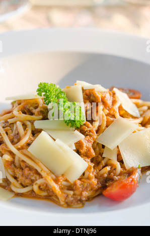 spaghetti with tomato sauce and sprinkled with cheese Stock Photo