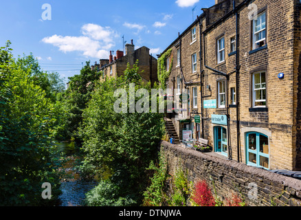 River Holme and Wrinkled Stocking Cafe (Compo's house in Last of the Summer Wine), Holmfirth, West Yorkshire, England, UK Stock Photo