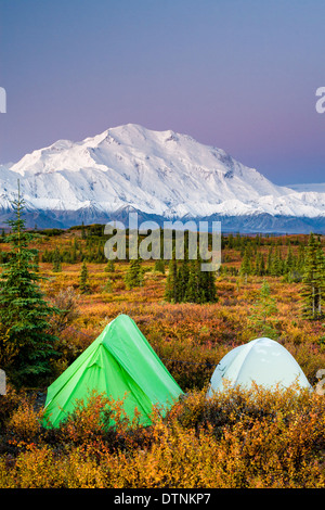 Two tents in foreground, background morning light on Denali (formerly Mt. McKinley) from Wonder Lake Campground, Denali National Park, Alaska. Stock Photo