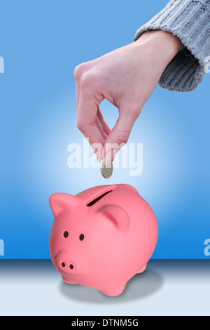 Female hand putting a coin euro in a piggy bank Stock Photo