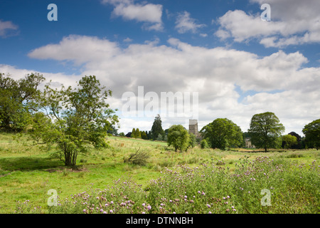 Northleach Church from across a meadow on the outskirts of Northleach Market Town in the Cotswolds, Gloucestershire, England. Stock Photo