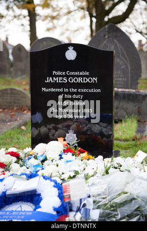 The new gravestone on the previously unmarked grave of PC James Gordon, who was murdered on duty 120 years ago. Stock Photo