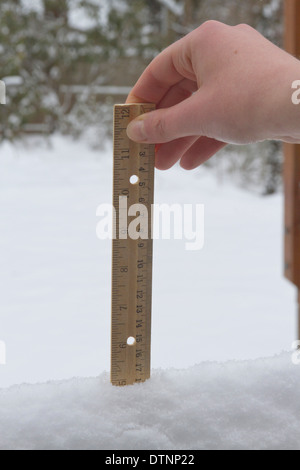 Close up of a woman's hand using a wooden ruler to measure how much snow fell Stock Photo