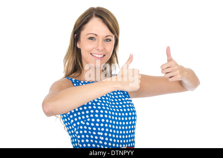 Young Woman Wearing Blue Polka Dot Dress Thumbs Up Stock Photo