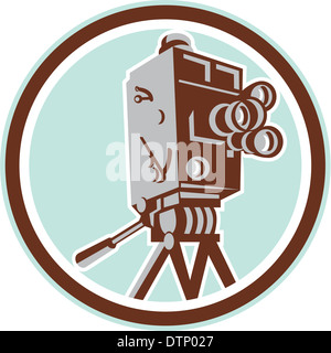 Illustration of a vintage movie film camera set inside circle viewed from low angle done in retro style on isolated background. Stock Photo