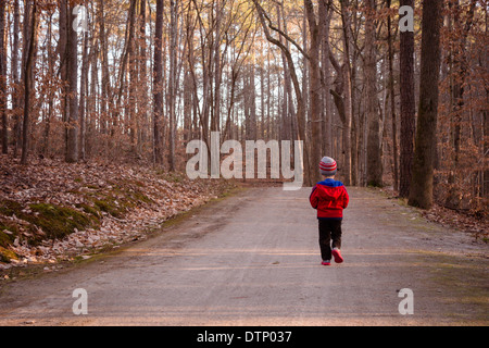 Small child walking on a path in the woods. Stock Photo